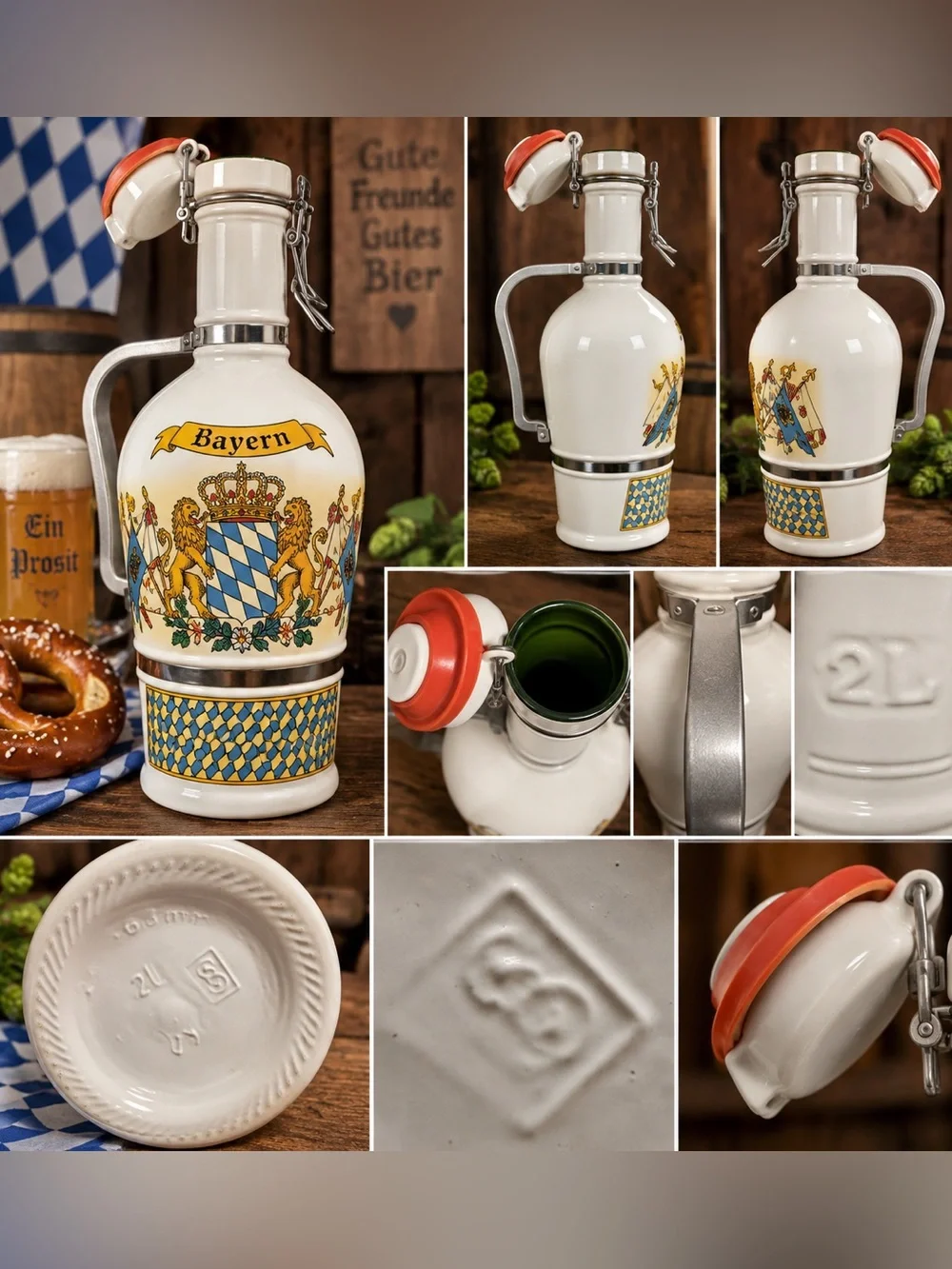 Vintage Der Krug der Bayern 2L Ceramic Beer Growler Swing Top Jug